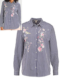 Vintage Navy Embroidery Flower Decorated Long Sleeves Shirt