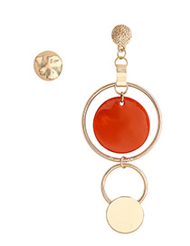 Personality Red Round Shape Decorated Asymmetrical Earrings