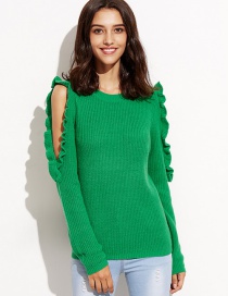 Elegant Green Pure Color Decorated Sweater