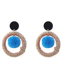 Vintage Blue Round Shape Decorated Pom Earrings