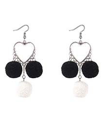Lovely Black Heart Shape Decorated Pom Earrings
