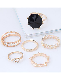Fashion Gold Color Diamond Decorated Double Layer Ring(6pcs)