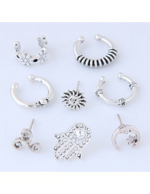 Fashion Antique Silver Palm&moon Decorated Pure Color Earrings (8pcs)
