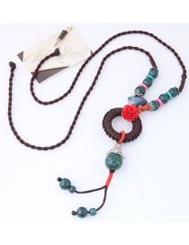 Bohemia Green+brown Flower&beads Decorated Hand-woven Necklace