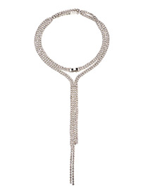 Trendy Silver Color Full Diamond Decorated Long Tassel Choker