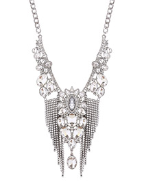 Luxury Silver Color Diamond Decorated Tasssel Necklace