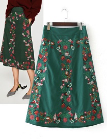 Vintage Green Embroidery Flower Decorated Dress