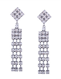 Elegant Silver Color Square Shape Decorated Tassel Earrings