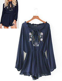 Fashion Navy Flower Pattern Decorated Long Sleeves Jumpsuit
