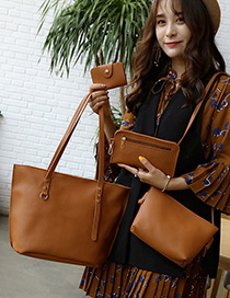 Fashion Light Brown Rivet Decorated Pure Color Shoulder Bag (4pcs)