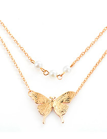 Elegant Gold Color Butterfly Shape Decorated Double Layer Necklace