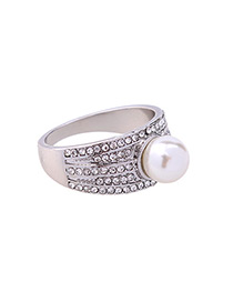 Trendy Silver Color Pearls&diamond Decorated Pure Color Ring