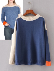 Trendy Blue Color Matching Decorated Round Neckline Sweater