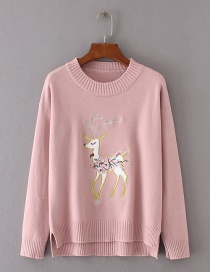 Trendy Pink Deer Pattern Decorated Pure Color Sweater