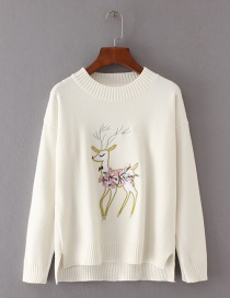 Trendy White Deer Pattern Decorated Pure Color Sweater