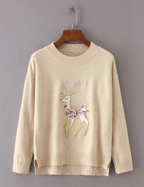 Trendy Khaki Deer Pattern Decorated Pure Color Sweater