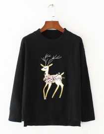 Trendy Black Deer Pattern Decorated Pure Color Sweater