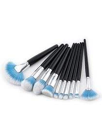 Trendy Blue+white Sector Shape Decorated Makeup Brush(10pcs)