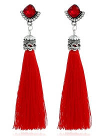 Fashion Red Diamond Decorated Long Tassel Earrings