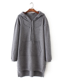 Fashion Gray Pure Color Decorated Long Sleeve Hoodie
