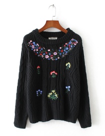 Fashion Black Flower Pattern Decorated Long Sleeve Sweater