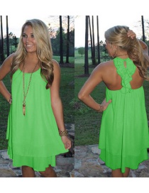 Fashion Green Round Neckline Design Pure Color Dress