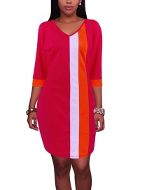 Fashion Red Stripe Pattern Decorated V Neckline Dress