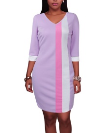 Fashion Light Purple Stripe Pattern Decorated V Neckline Dress