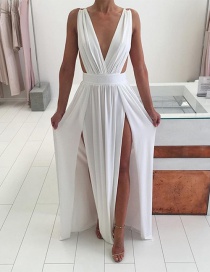 Fashion White V Neckline Design Pure Color Long Dress