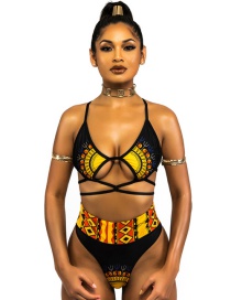 Trendy Black Totem Pattern Decorated Split Swimwear