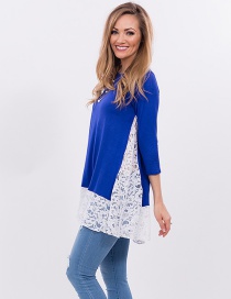 Trendy Sapphire Blue Lace Design Three-quarter Sleeves T-shirt