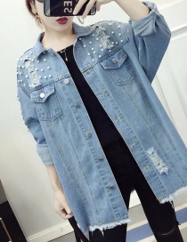 Trendy Blue Pearls Decorated Long Sleeves Coat