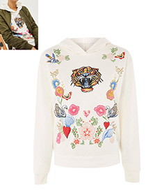 Fashion White Flower Pattern Decorated Long Sleeves Hoodie
