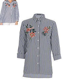Fashion White+black Embroidery Flower Decorated Long Sleeves Shirt