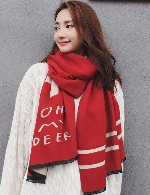 Fashion Red Deer Pattern Decorated Thicken Dual Use Scarf