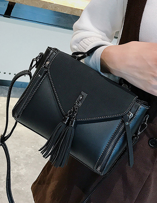 Trendy Black Tassel Decorated Pure Color Shoulder Bag