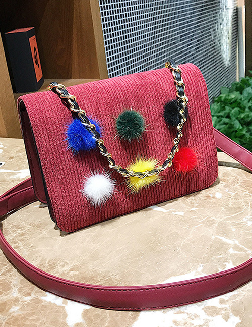 Trendy Red Fuzzy Ball Decorated Shoulder Bag