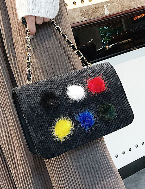 Trendy Black Fuzzy Ball Decorated Shoulder Bag