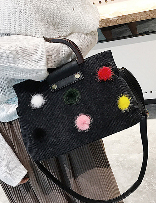 Trendy Black Fuzzy Balls Decorated Handbag