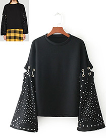 Fashion Black Rivet Pattern Decorated Long Sleevs Blouse