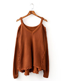 Fashion Brown V Ncekline Design Pure Color Sweater