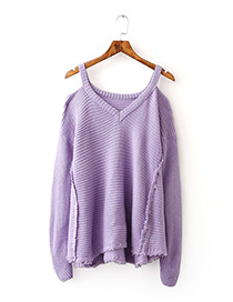 Fashion Light Purple V Ncekline Design Pure Color Sweater