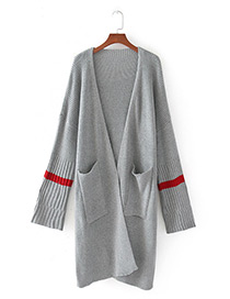 Fashion Gray Stripe Pattern Decorated Long Coat