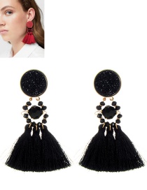 Fashion Black Round Shape Decorated Long Tassel Earrings