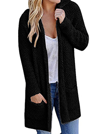 Fashion Black Pure Color Decorated Knitting Cardigan