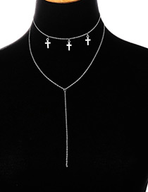 Elegant Silver Color Cross Shape Decorated Double Layer Necklace