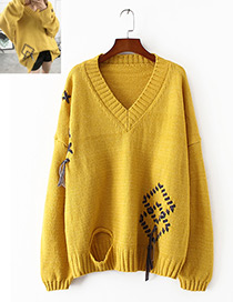 Vintage Yellow Hole Shape Decorated Sweater