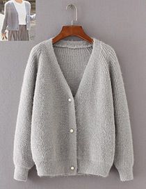 Vintage Gray Pure Color Decorated Knitting Cardigan