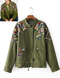 Fashion Olive Flower Pattern Decorated Long Sleeves Coat