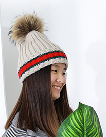 Fashion Beige Stripe Pattern Decorated Pom Adult Hat
